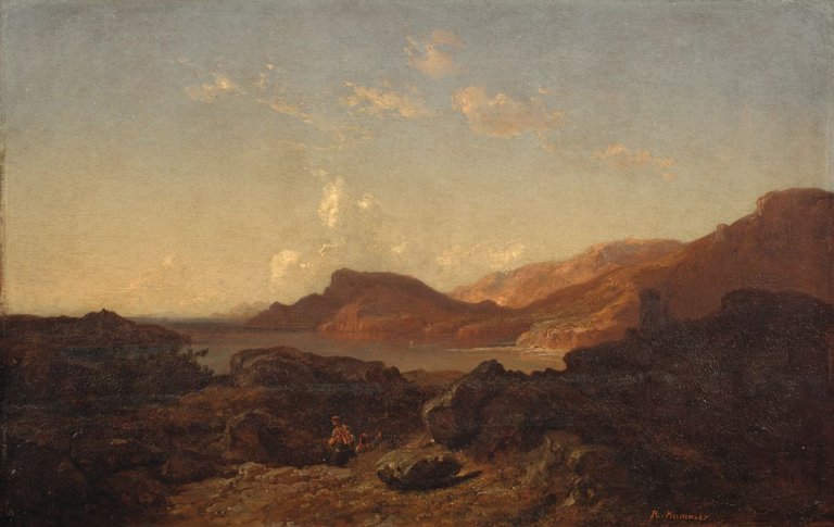 Auf diesem Bild ist das folgende Kunstwerk zu sehen: Carl Robert Kummer. Zwei Fischer in felsiger Küstenlandschaft (Dalmatien/Montenegro). Um 1860/70.