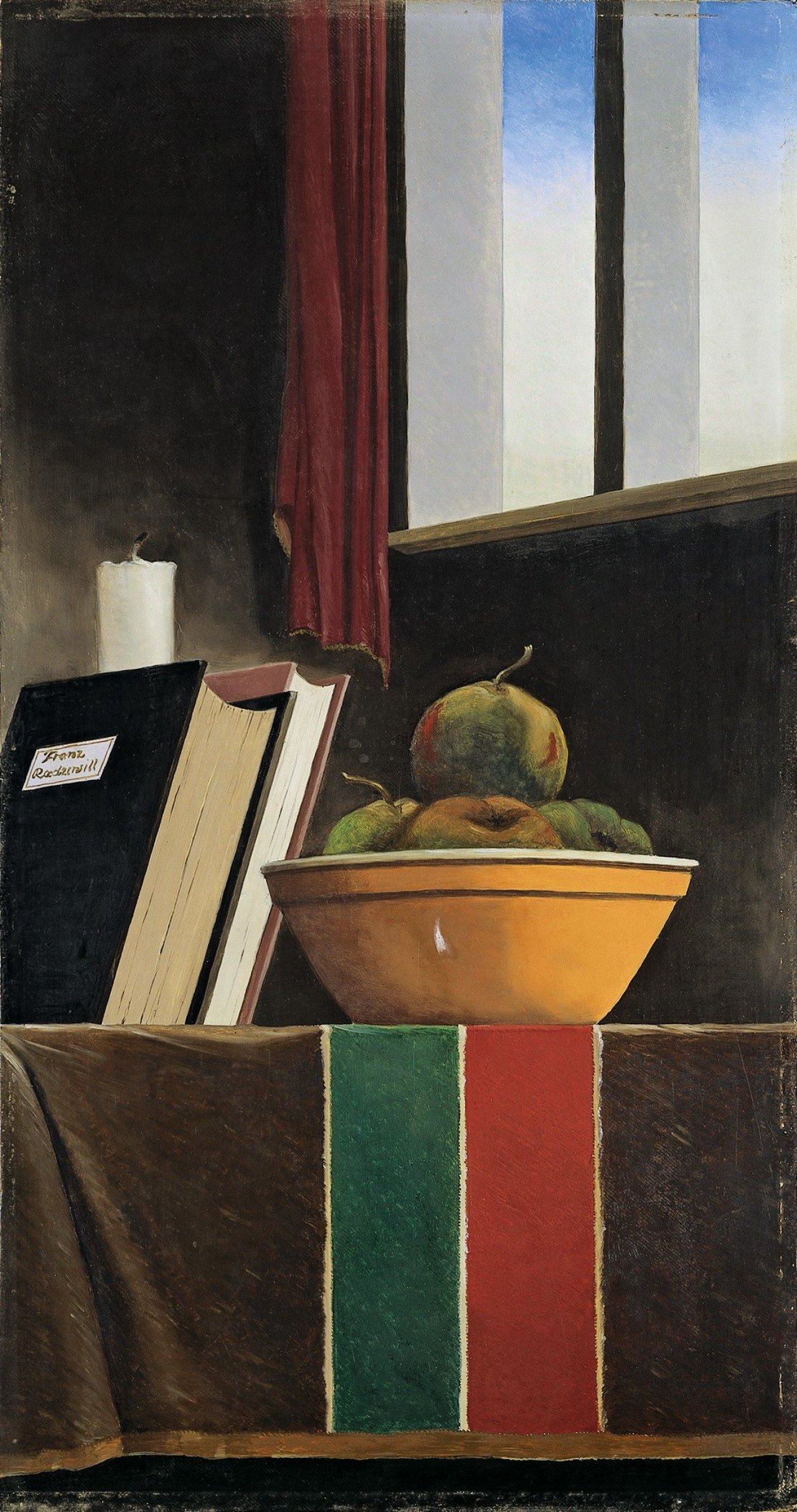 This picture shows the following artwork: Franz Radziwill. „Stilleben mit gestreifter Decke (grün-rot)“. 1947.