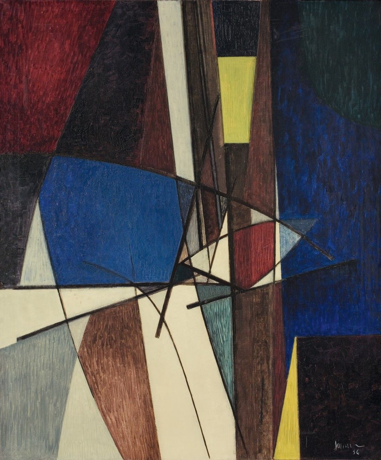 Auf diesem Bild ist das folgende Kunstwerk zu sehen: Heinrich Siepmann. „Komposition weiß-blau-gelb“. 1956.