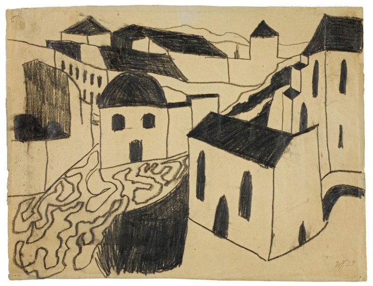 Auf diesem Bild ist das folgende Kunstwerk zu sehen: Werner Heldt. „Häusergruppe am Berg“ („Stadt“). 1929.