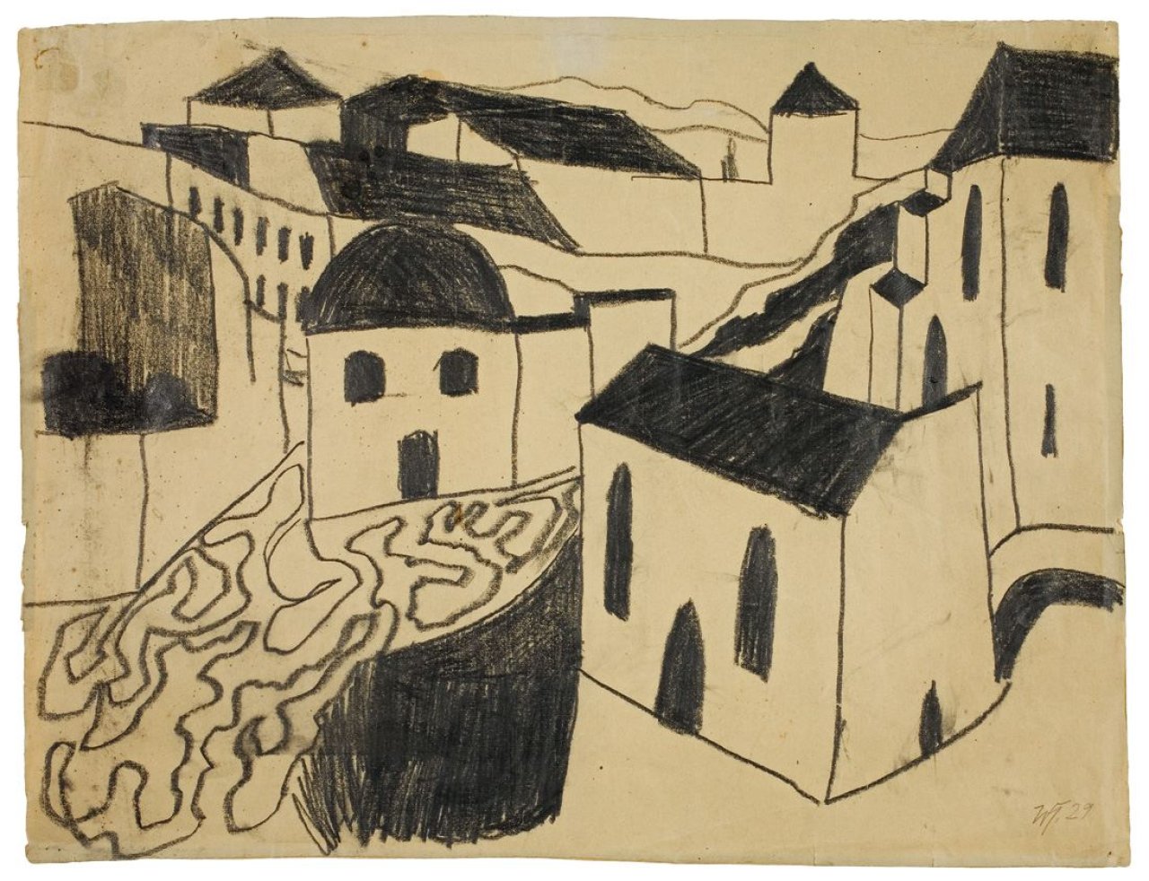 Auf diesem Bild ist das folgende Kunstwerk zu sehen: Werner Heldt. „Häusergruppe am Berg“ („Stadt“). 1929.