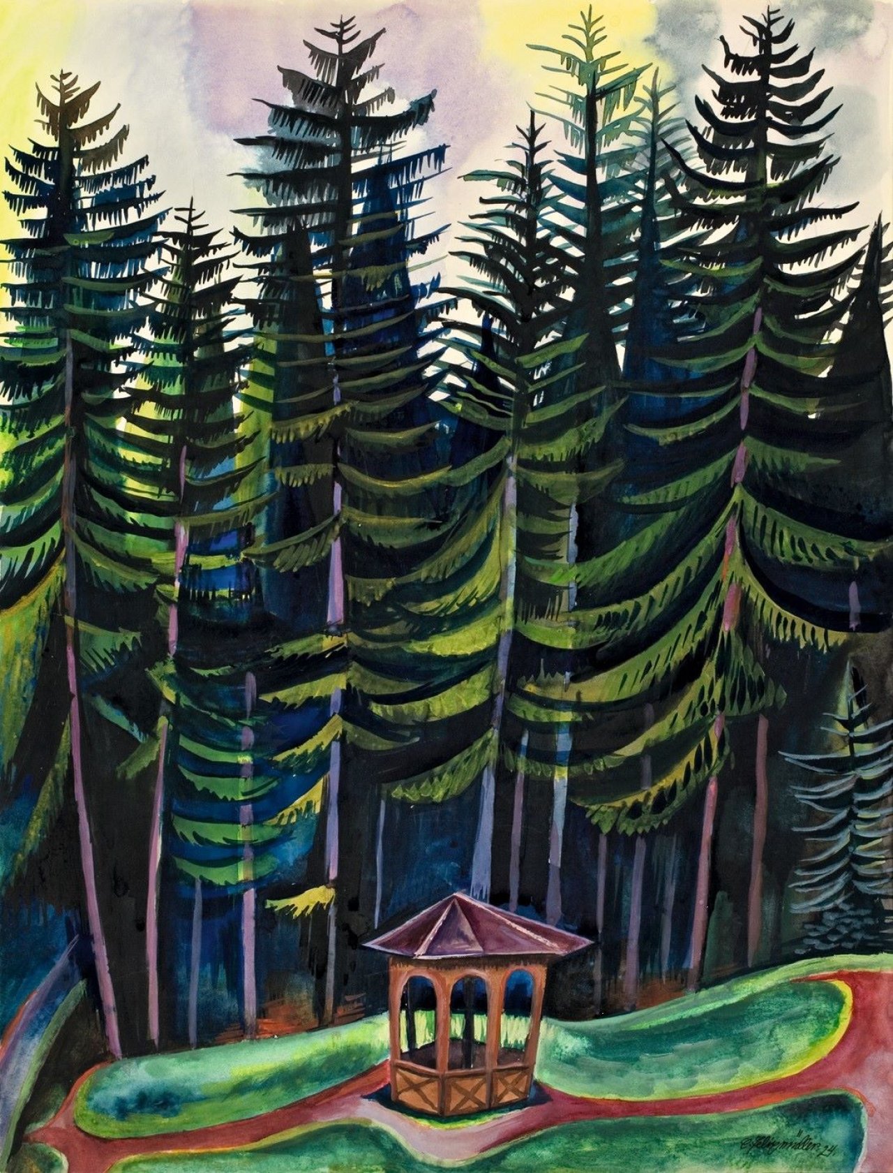 Auf diesem Bild ist das folgende Kunstwerk zu sehen: Conrad Felixmüller. „Regentag in St. Margaretenbad bei Prachatice – Gartenpavillon im Böhmerwald“. 1924.