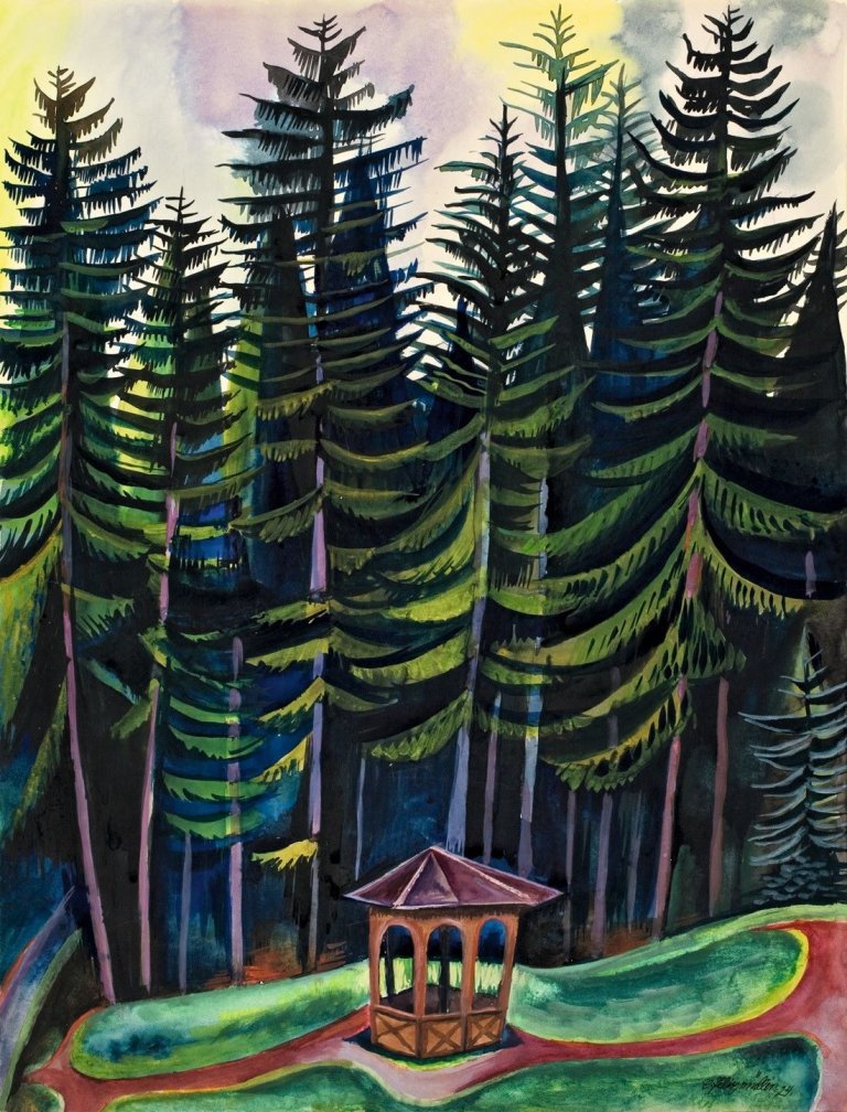 Auf diesem Bild ist das folgende Kunstwerk zu sehen: Conrad Felixmüller. „Regentag in St. Margaretenbad bei Prachatice – Gartenpavillon im Böhmerwald“. 1924.