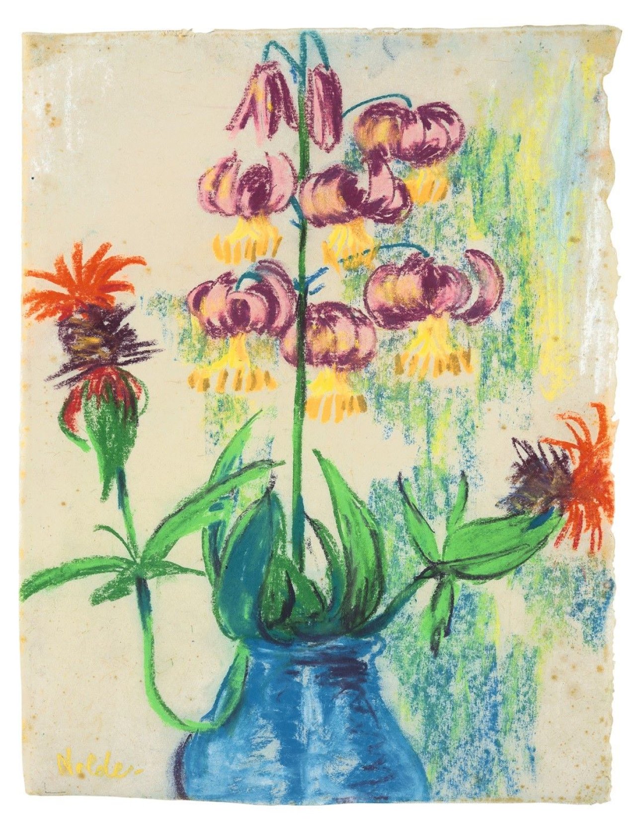 This picture shows the following artwork: Emil Nolde. „Blumenstilleben (blaue Vase)“. Um 1925.