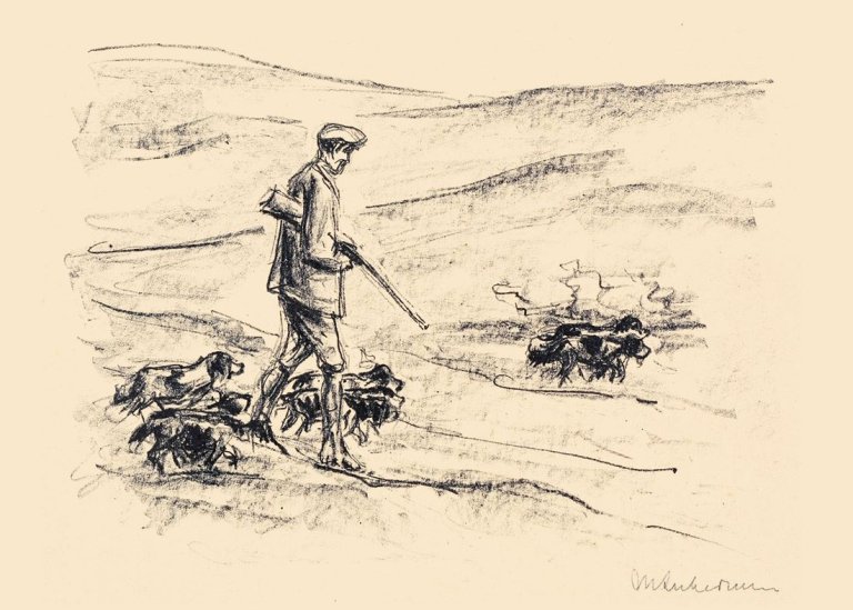 Auf diesem Bild ist das folgende Kunstwerk zu sehen: Max Liebermann. „Jäger mit Spaniels“. 1924.