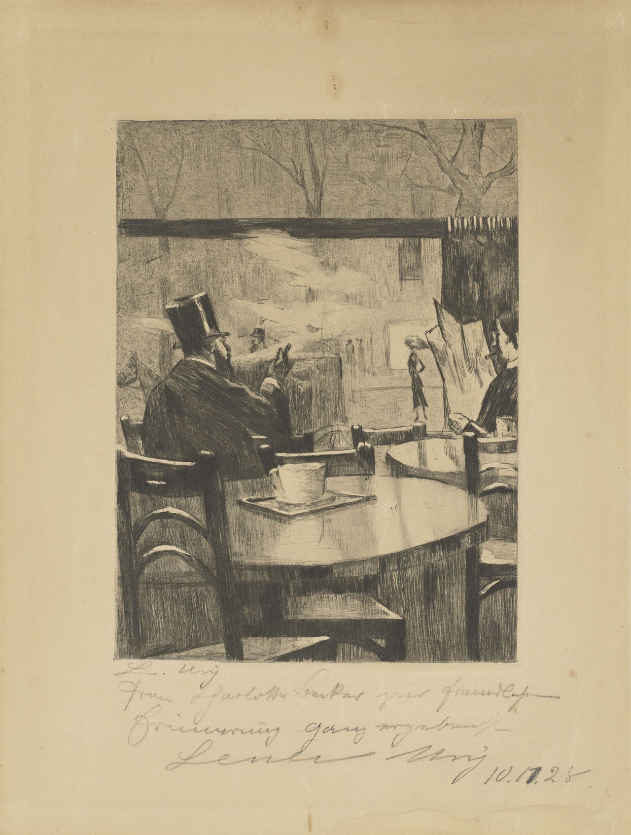 This picture shows the following artwork: Lesser Ury. „Herr mit Zylinder vor einem Kaffeehausfenster - in Rückenansicht“. 1923/28.