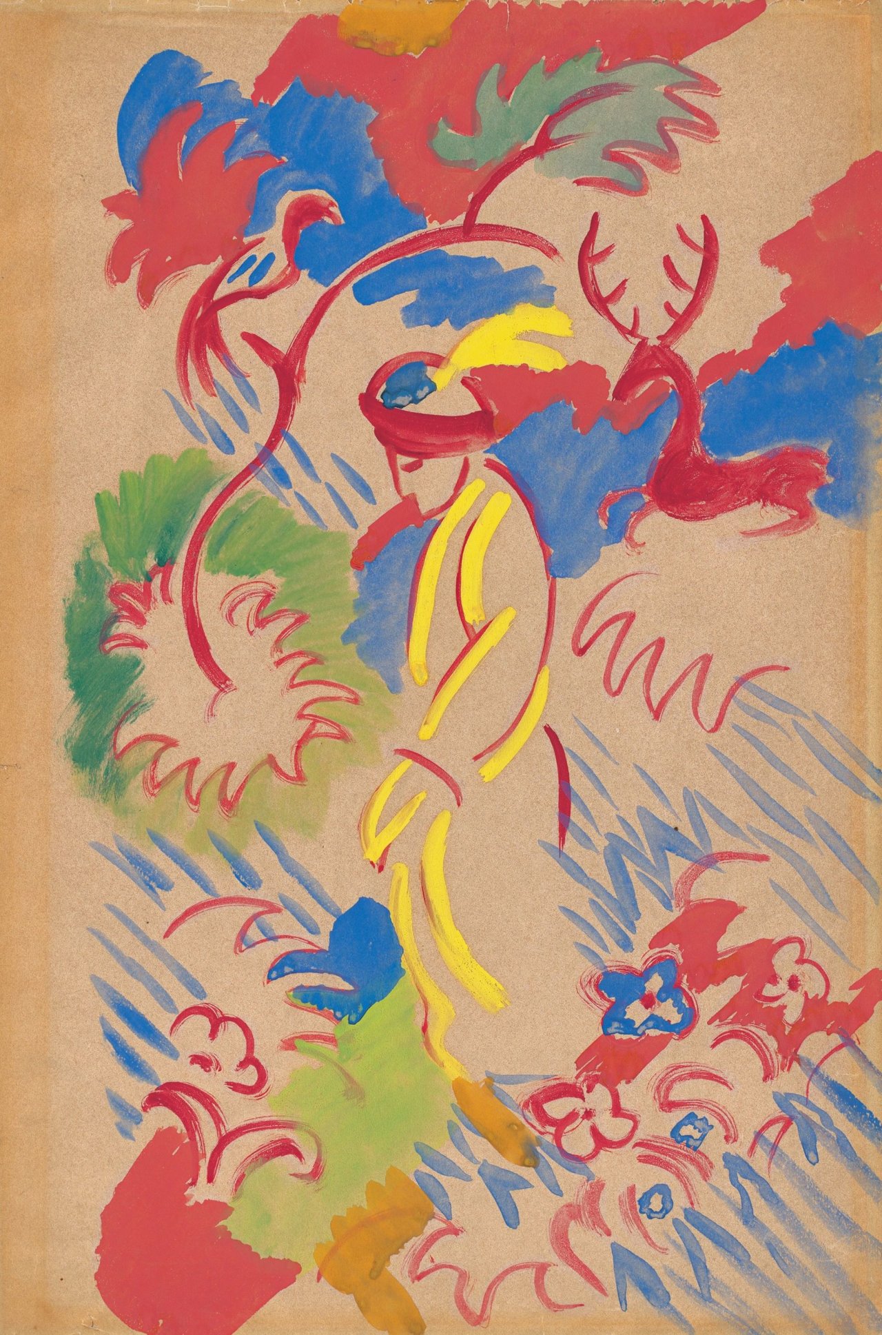 Auf diesem Bild ist das folgende Kunstwerk zu sehen: August Macke. „Orientale mit Hirsch und Paradiesvogel“. 1913.