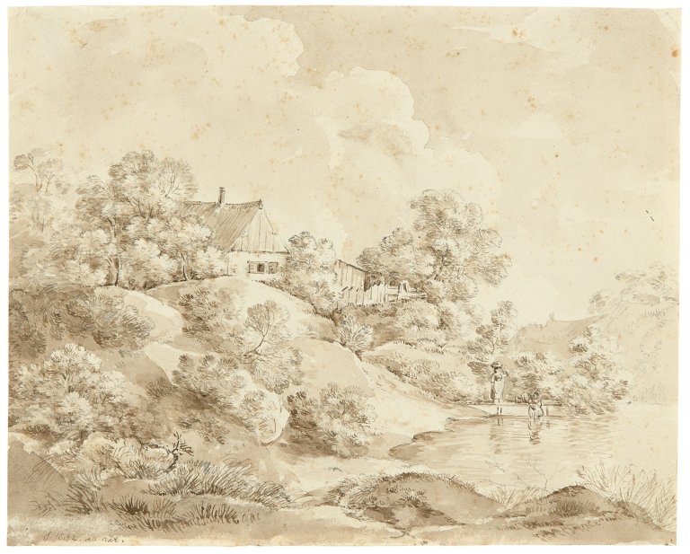 Auf diesem Bild ist das folgende Kunstwerk zu sehen:  Deutsch, um 1830. Landschaft bei Föhring. 1832.