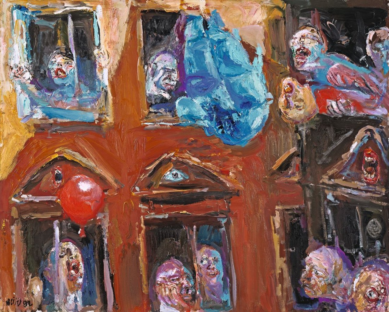 Auf diesem Bild ist das folgende Kunstwerk zu sehen: Bernhard Heisig. Ohne Titel (Menschen am Fenster und ein blaues Schiff). 1992.