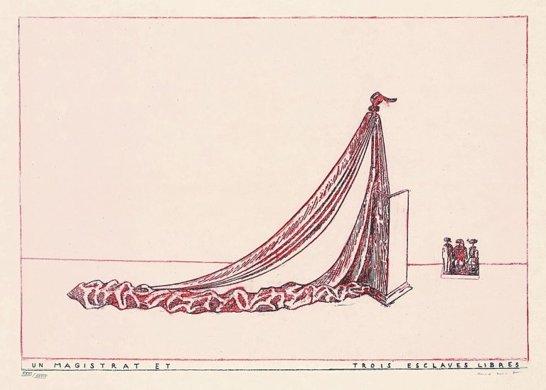 Auf diesem Bild ist das folgende Kunstwerk zu sehen: Max Ernst. „Cornegidouille cornes-au-cul“ / „Un magistrat et trois esclaves libres“. 1971.
