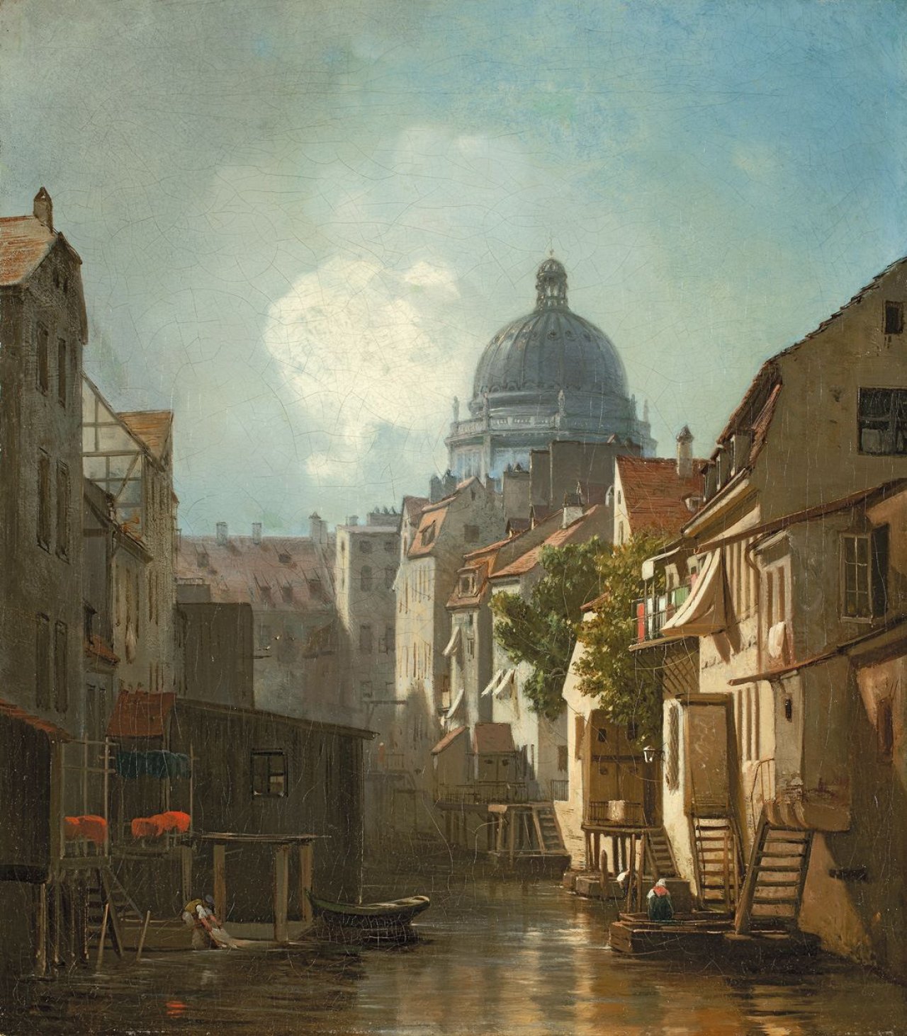 Auf diesem Bild ist das folgende Kunstwerk zu sehen: Albert Schwendy. Blick vom Mühlengraben auf die Schlosskuppel (Berlin). Um 1850.