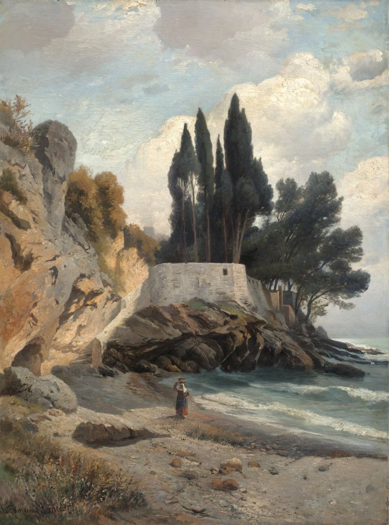 Auf diesem Bild ist das folgende Kunstwerk zu sehen: Edmund Kanoldt. Mittelmeerküste mit korbtragender Frau.