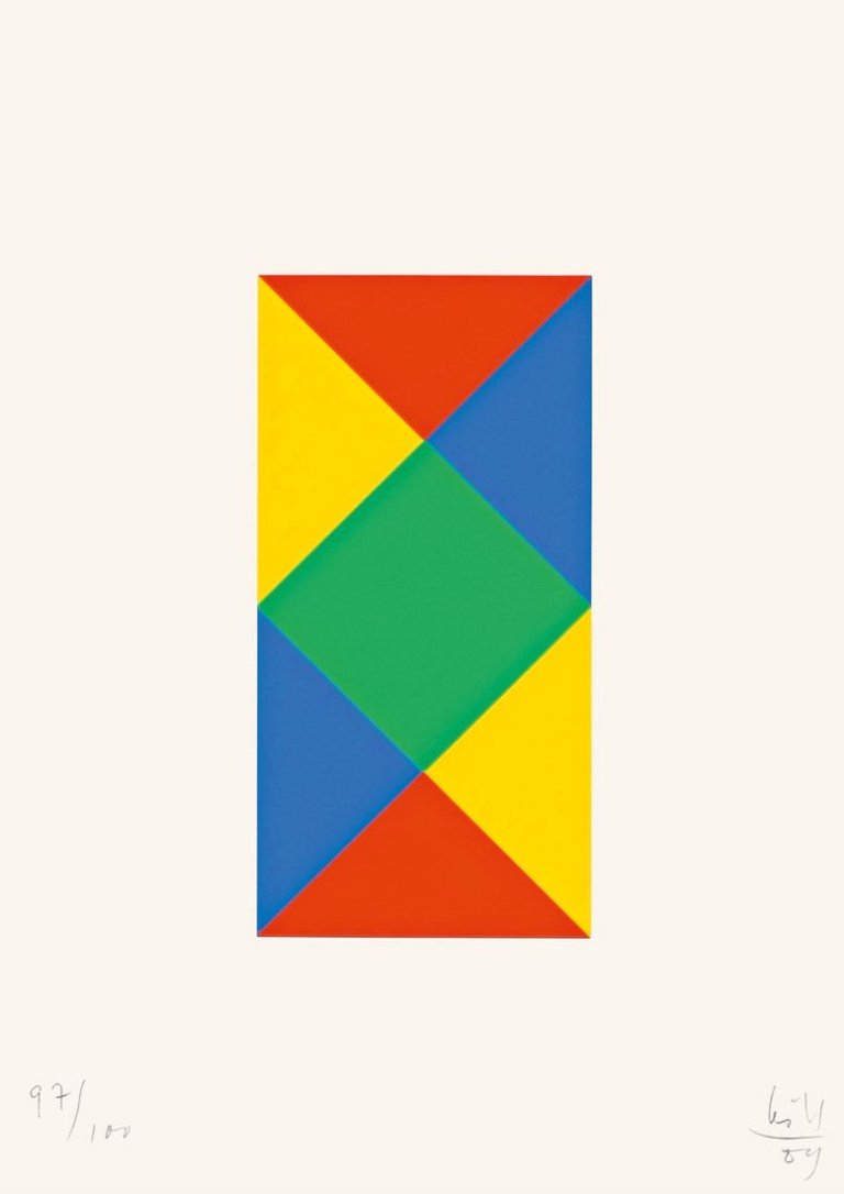 Auf diesem Bild ist das folgende Kunstwerk zu sehen: Max Bill. „Vier quantengleiche Variationen - Aus Blau und Gelb wird Rot und Grün“. 1989.