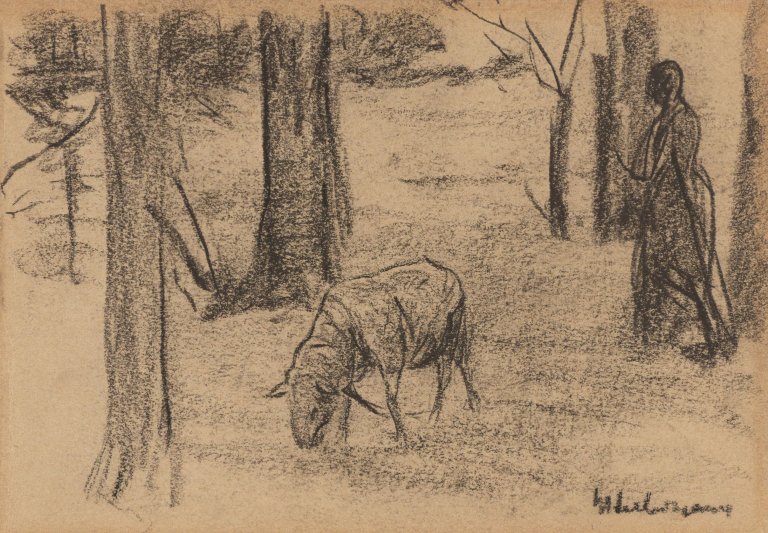 Auf diesem Bild ist das folgende Kunstwerk zu sehen: Max Liebermann. Frau mit Schaf. Um 1900.