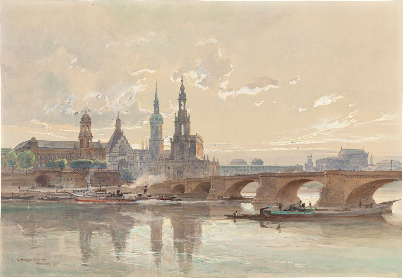 Auf diesem Bild ist das folgende Kunstwerk zu sehen: Edward Harrison Compton. Blick über die Elbe auf Dresden mit Schloss und Katholischer Hofkirche. 1917.