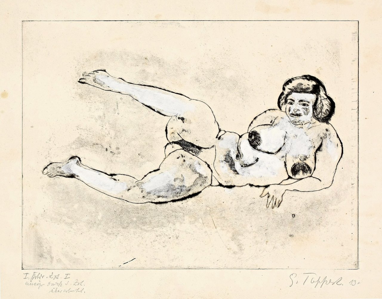 Auf diesem Bild ist das folgende Kunstwerk zu sehen: Georg Tappert. „Betty aufgestützt liegend und Bein hebend“ (Betty VIII). 1913.