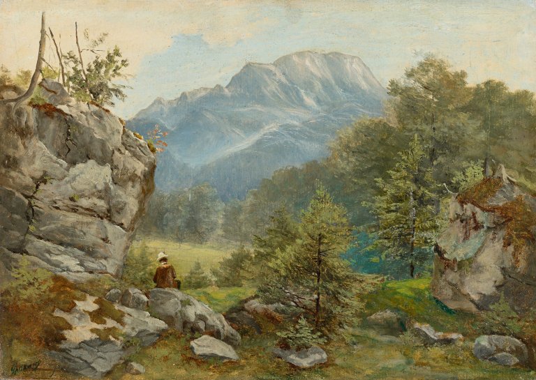 Auf diesem Bild ist das folgende Kunstwerk zu sehen: Carl Spitzweg. Hochgebirgslandschaft mit Maler.