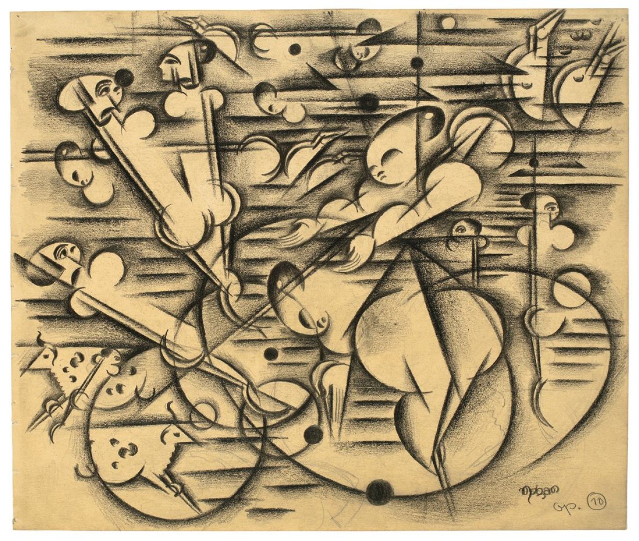 Auf diesem Bild ist das folgende Kunstwerk zu sehen: Johannes Molzahn. Menschen und Kühe (Figuren und Tiere). 1917.