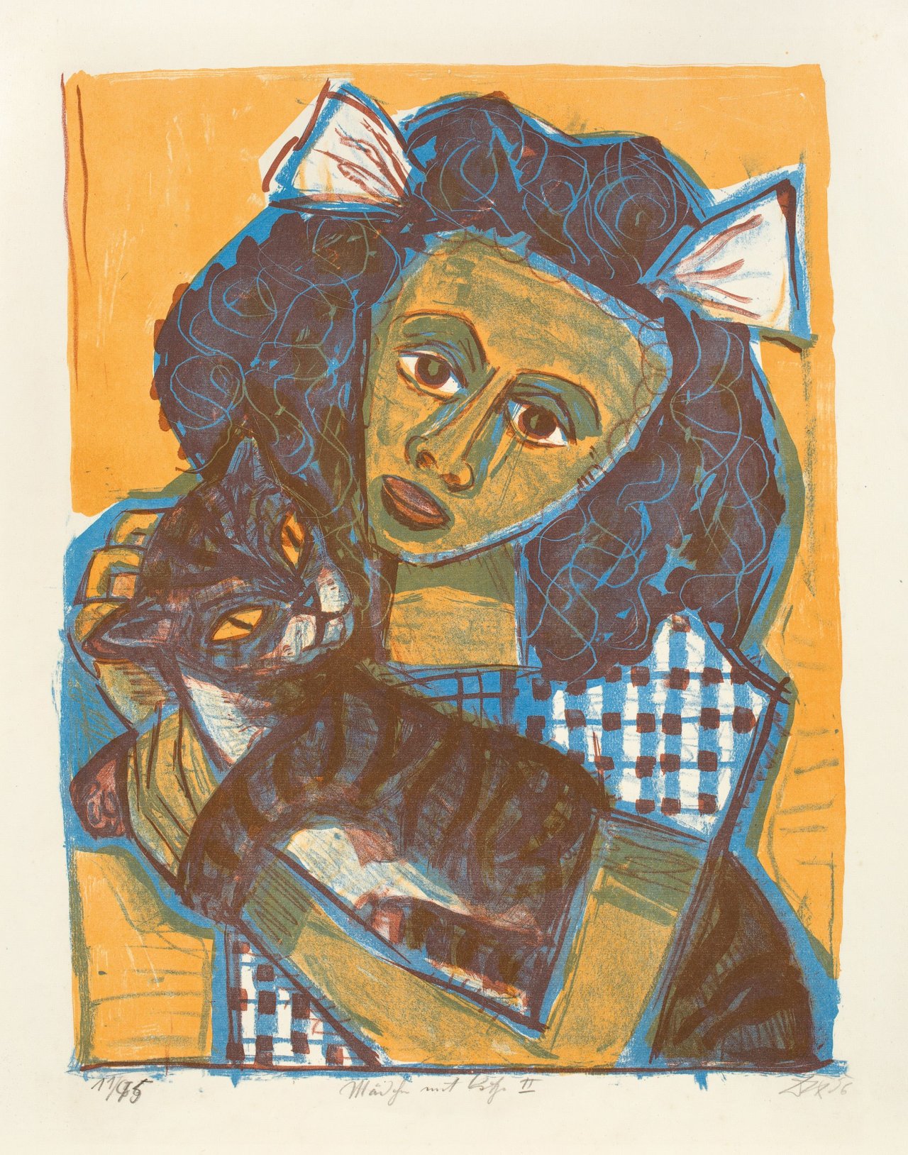 Auf diesem Bild ist das folgende Kunstwerk zu sehen: Otto Dix. „Mädchen mit Katze II (Kopf Schräg)“. 1956.