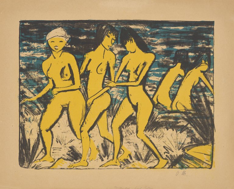 Auf diesem Bild ist das folgende Kunstwerk zu sehen: Otto Mueller. „Fünf gelbe Akte am Wasser“. 1921.
