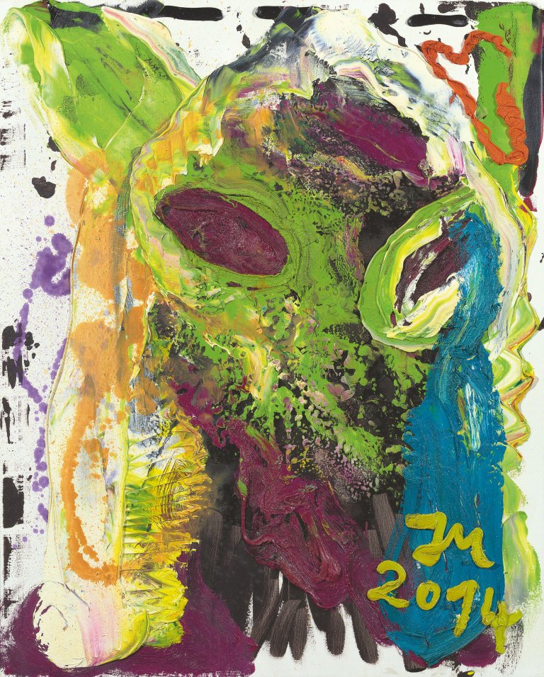 Auf diesem Bild ist das folgende Kunstwerk zu sehen: Jonathan Meese. „DR. „FISH AND CHIPS“ IS TOO FIT IN COLD BELLY „HOTTIE““. 2014.