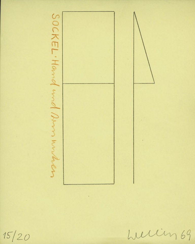 Auf diesem Bild ist das folgende Kunstwerk zu sehen: Franz Erhard Walther. „Sockel, Hand und Arm unten “ (Genähtes Werkstück). 1969.