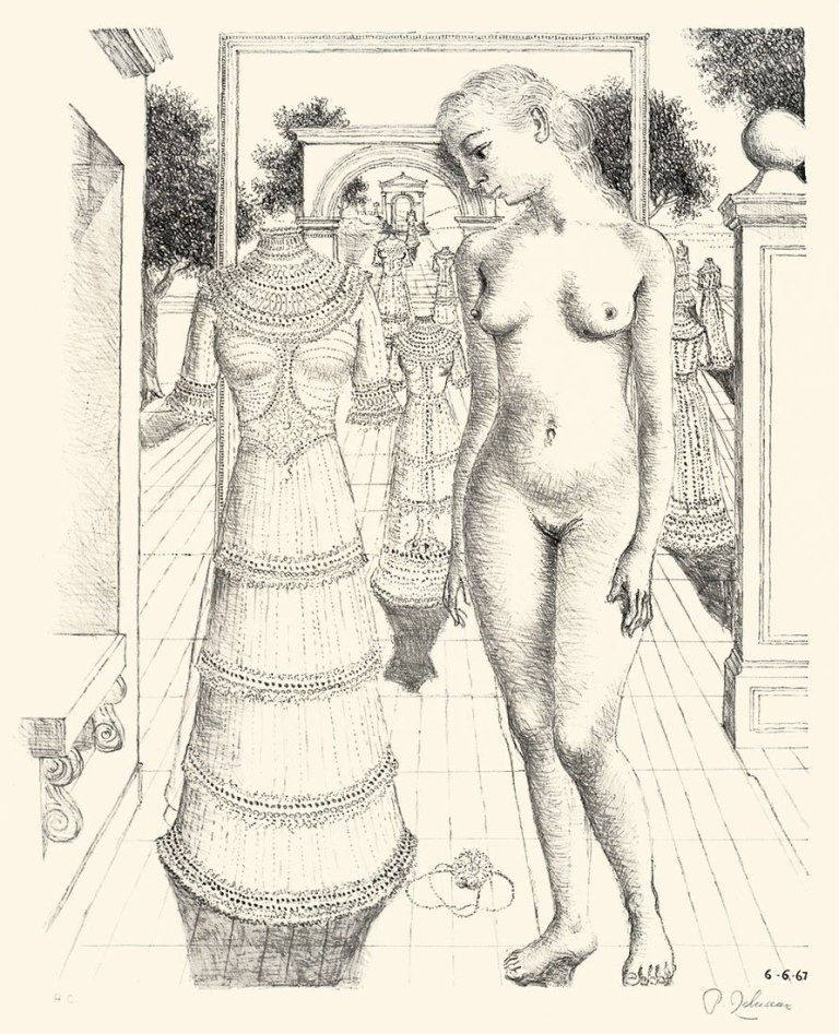 Auf diesem Bild ist das folgende Kunstwerk zu sehen: Paul Delvaux. „La robe du dimanche“. 1967.