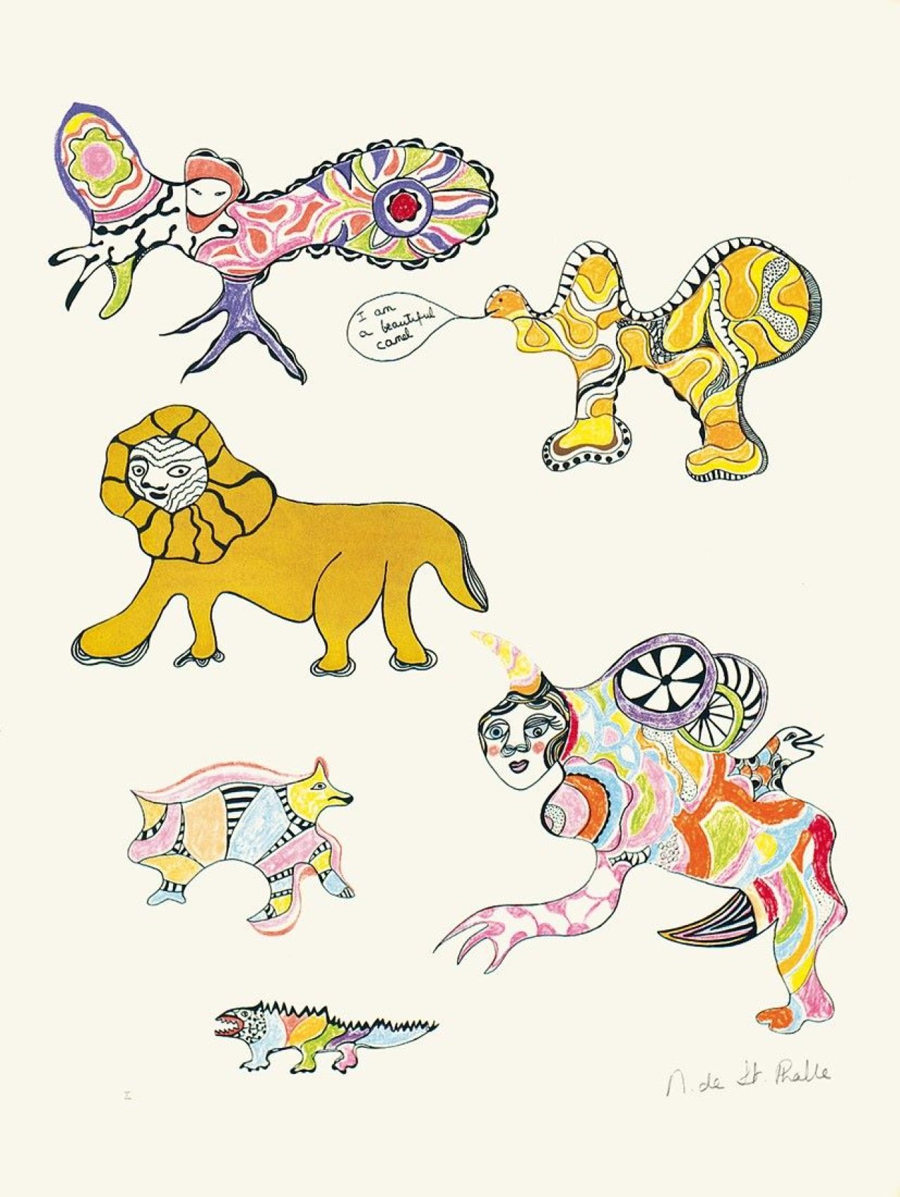 Auf diesem Bild ist das folgende Kunstwerk zu sehen: Niki de Saint Phalle. „I am a beautiful camel“. Um 1970.