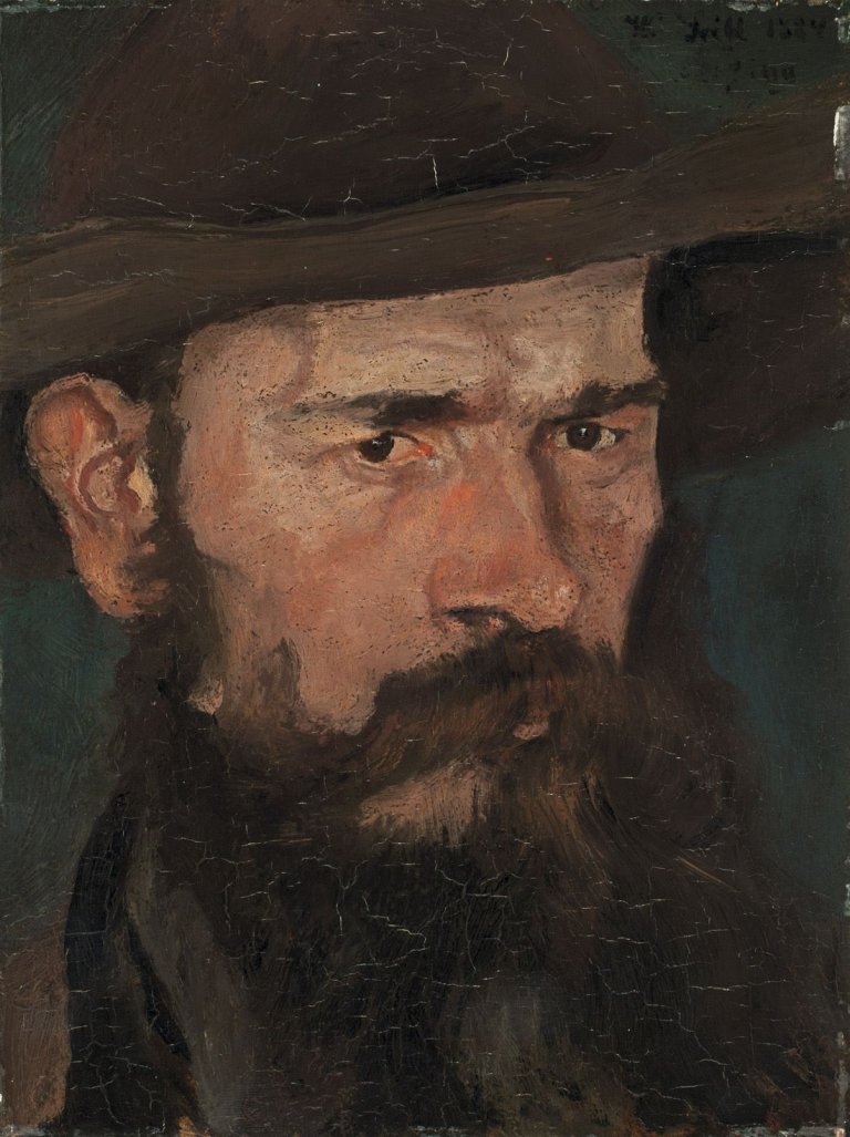 Auf diesem Bild ist das folgende Kunstwerk zu sehen: Wilhelm Leibl. „Studienkopf eines braunbärtigen Mannes vor grünem Hintergrund“. 1884.