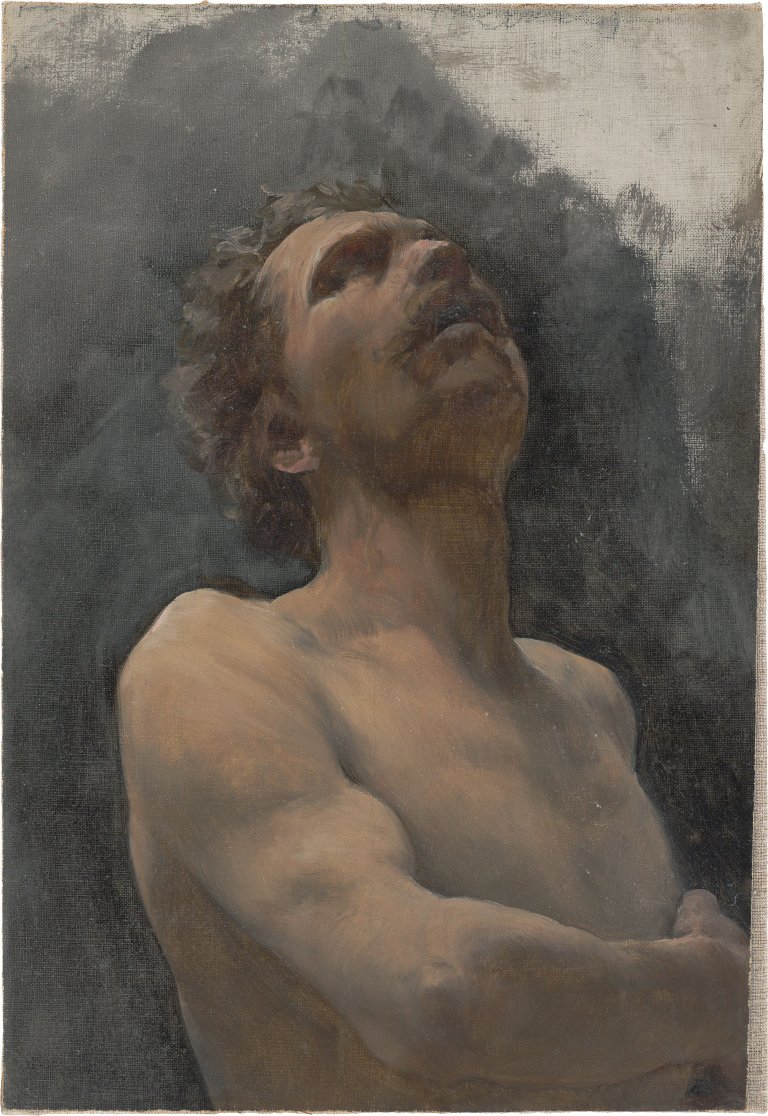 Auf diesem Bild ist das folgende Kunstwerk zu sehen:  Deutsch, um 1890. Aktstudie eines aufblickenden Mannes.