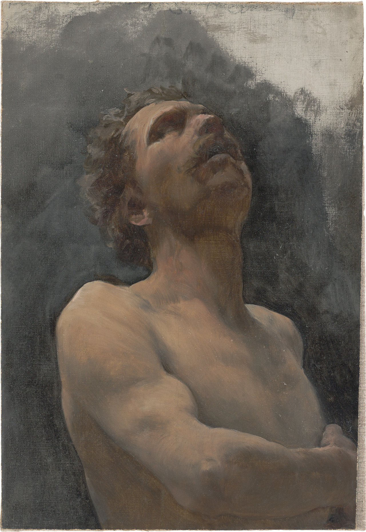 This picture shows the following artwork:  German, circa 1890. Nude Study of a Man Looking Up.