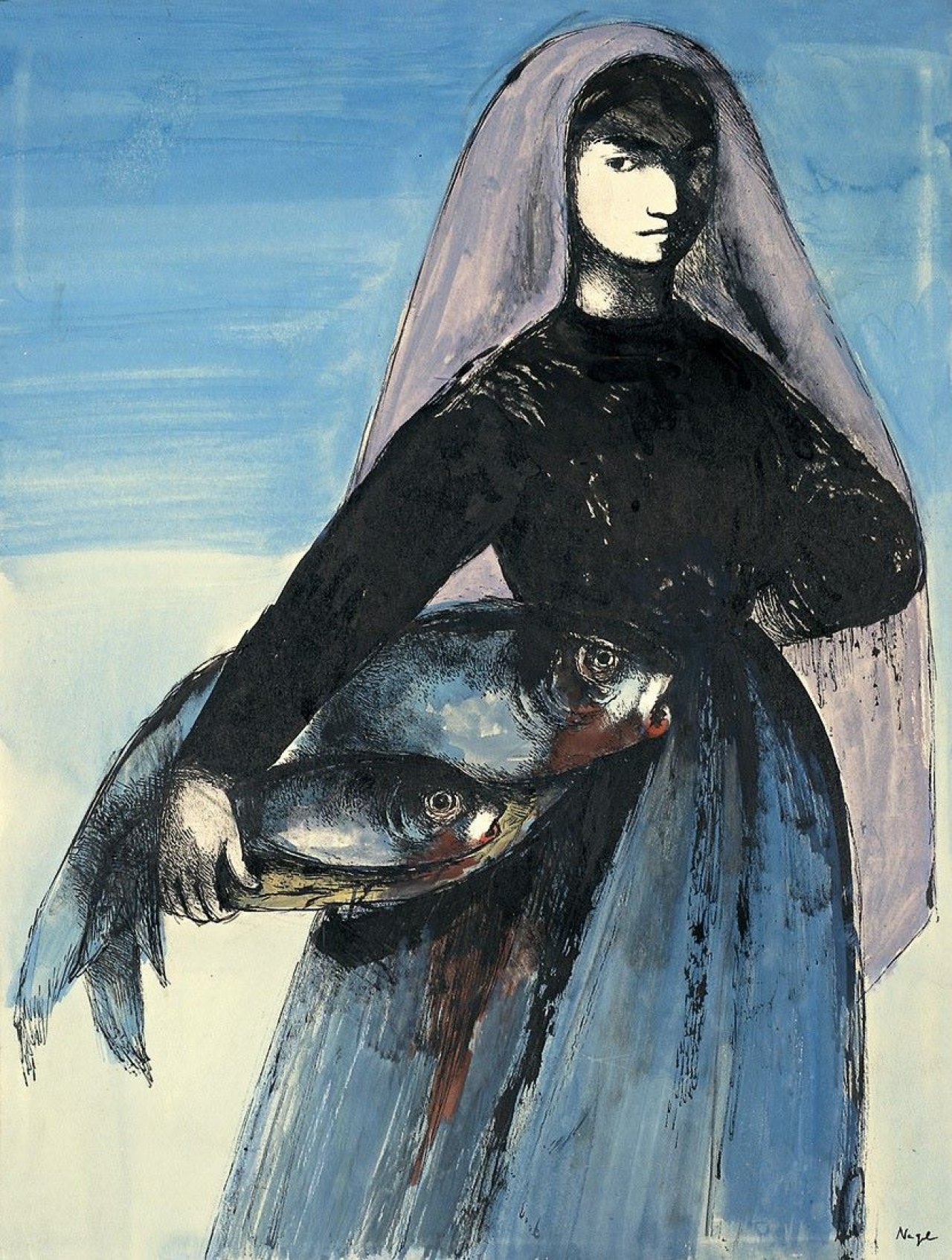 Auf diesem Bild ist das folgende Kunstwerk zu sehen: Hanna Nagel. „Spanien, Frau mit Fischen“.
