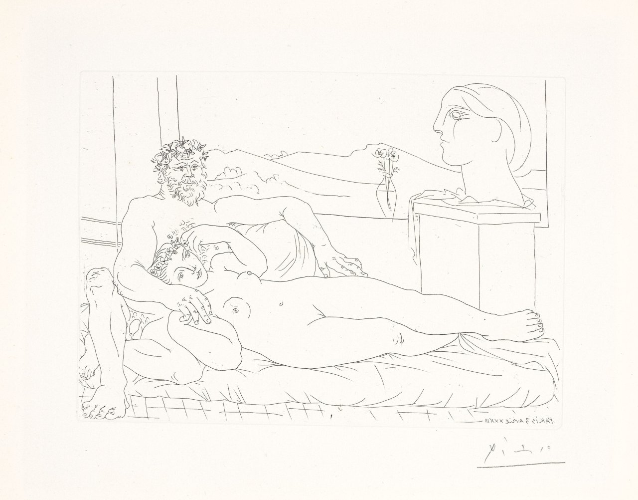 Auf diesem Bild ist das folgende Kunstwerk zu sehen: Pablo Picasso. „Vieux sculpteur et jeune modèle avec le portrait sculpté du modèle“. 1933.