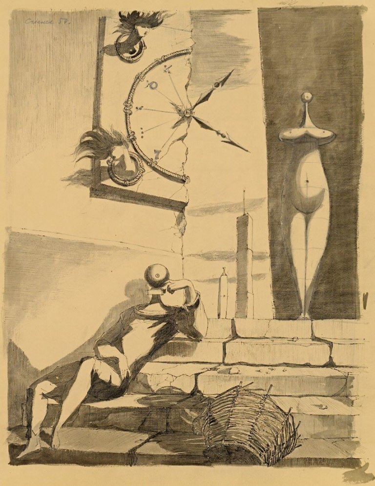 Auf diesem Bild ist das folgende Kunstwerk zu sehen: Fritz Cremer. Surreale Komposition. 1954.