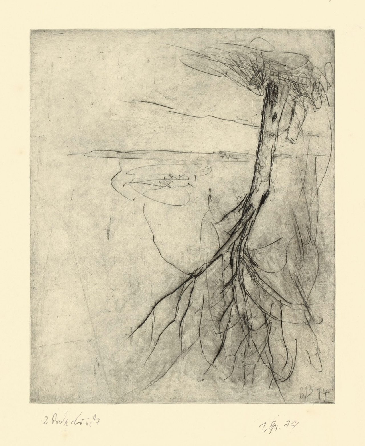 Auf diesem Bild ist das folgende Kunstwerk zu sehen: Georg Baselitz. „Ohne Titel“ (aus: „Bäume“). 1974.