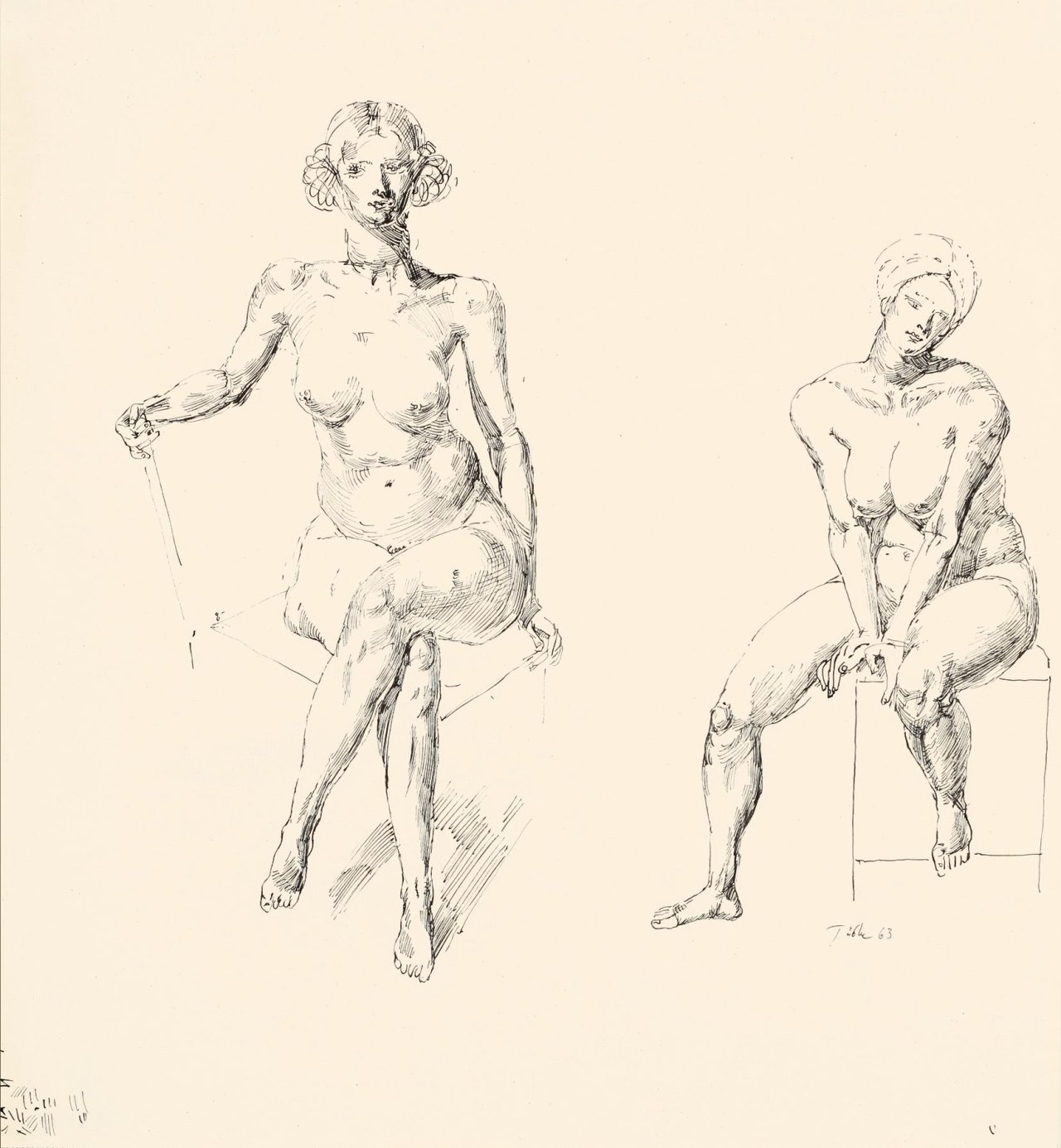 Auf diesem Bild ist das folgende Kunstwerk zu sehen: Werner Tübke. Zwei sitzende weibliche Akte. 1963.