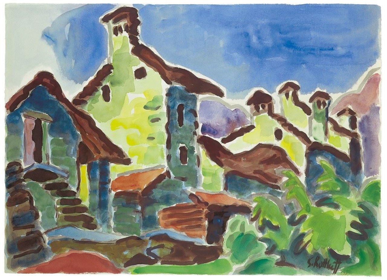 Auf diesem Bild ist das folgende Kunstwerk zu sehen: Karl Schmidt-Rottluff. Häuser im Tessin. 1953.