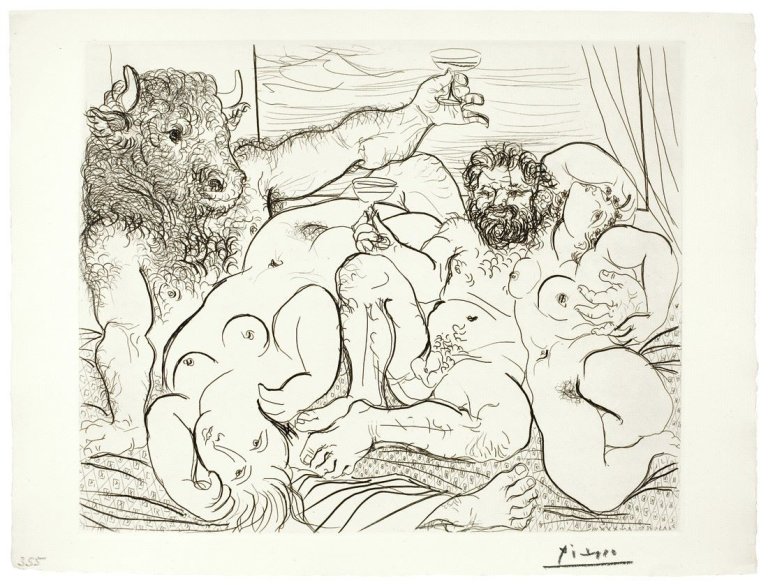 Auf diesem Bild ist das folgende Kunstwerk zu sehen: Pablo Picasso. „Scène bacchique au minotaure“. 1933.