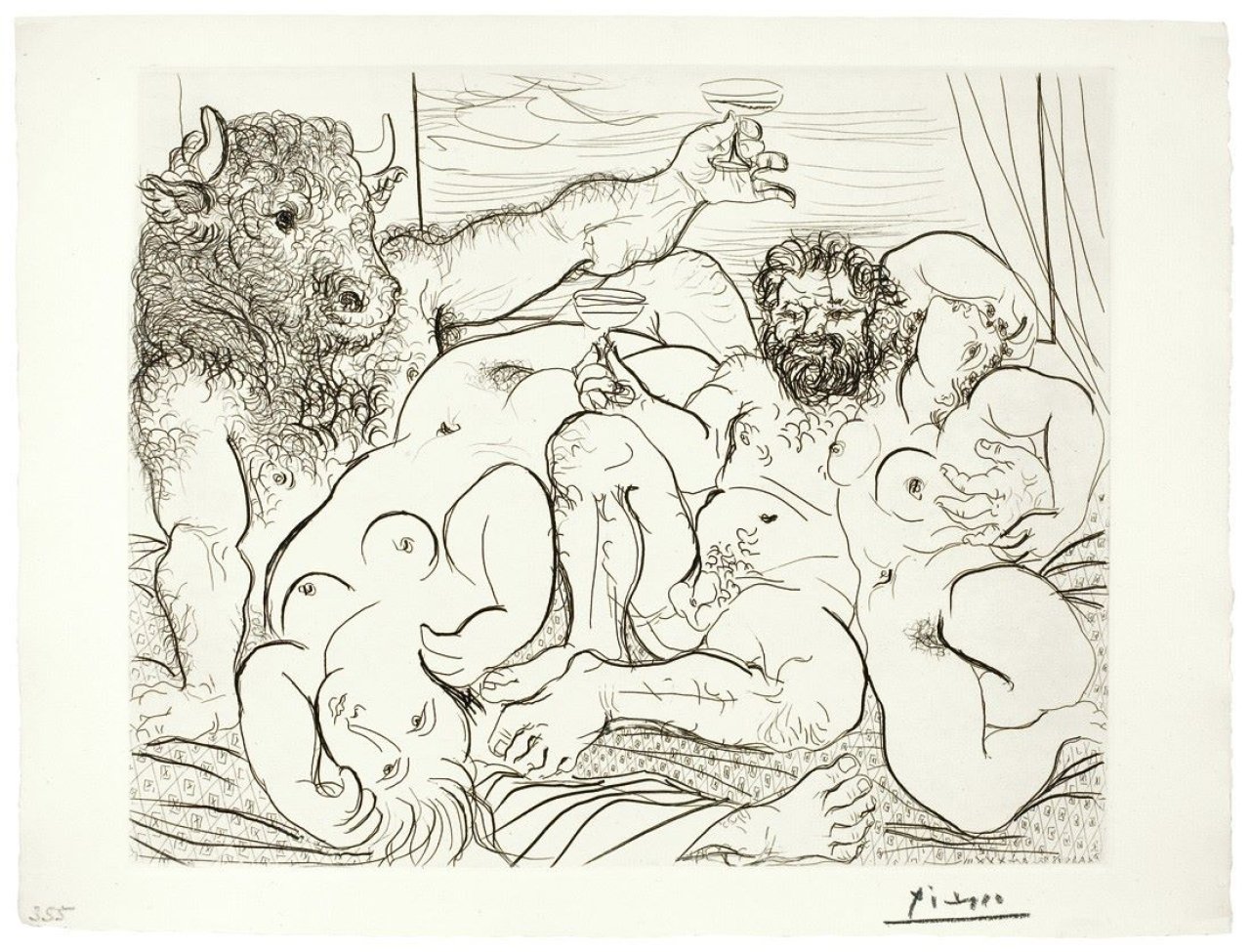 Auf diesem Bild ist das folgende Kunstwerk zu sehen: Pablo Picasso. „Scène bacchique au minotaure“. 1933.
