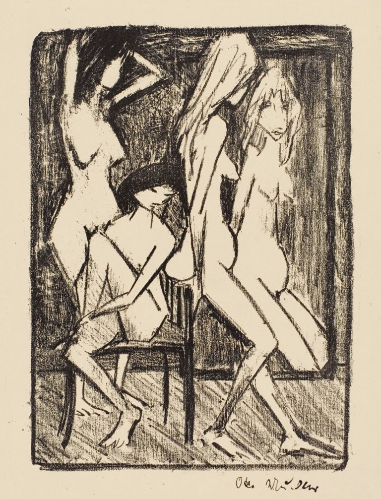 Auf diesem Bild ist das folgende Kunstwerk zu sehen: Otto Mueller. „Drei Mädchen vor dem Spiegel“. Um 1922.
