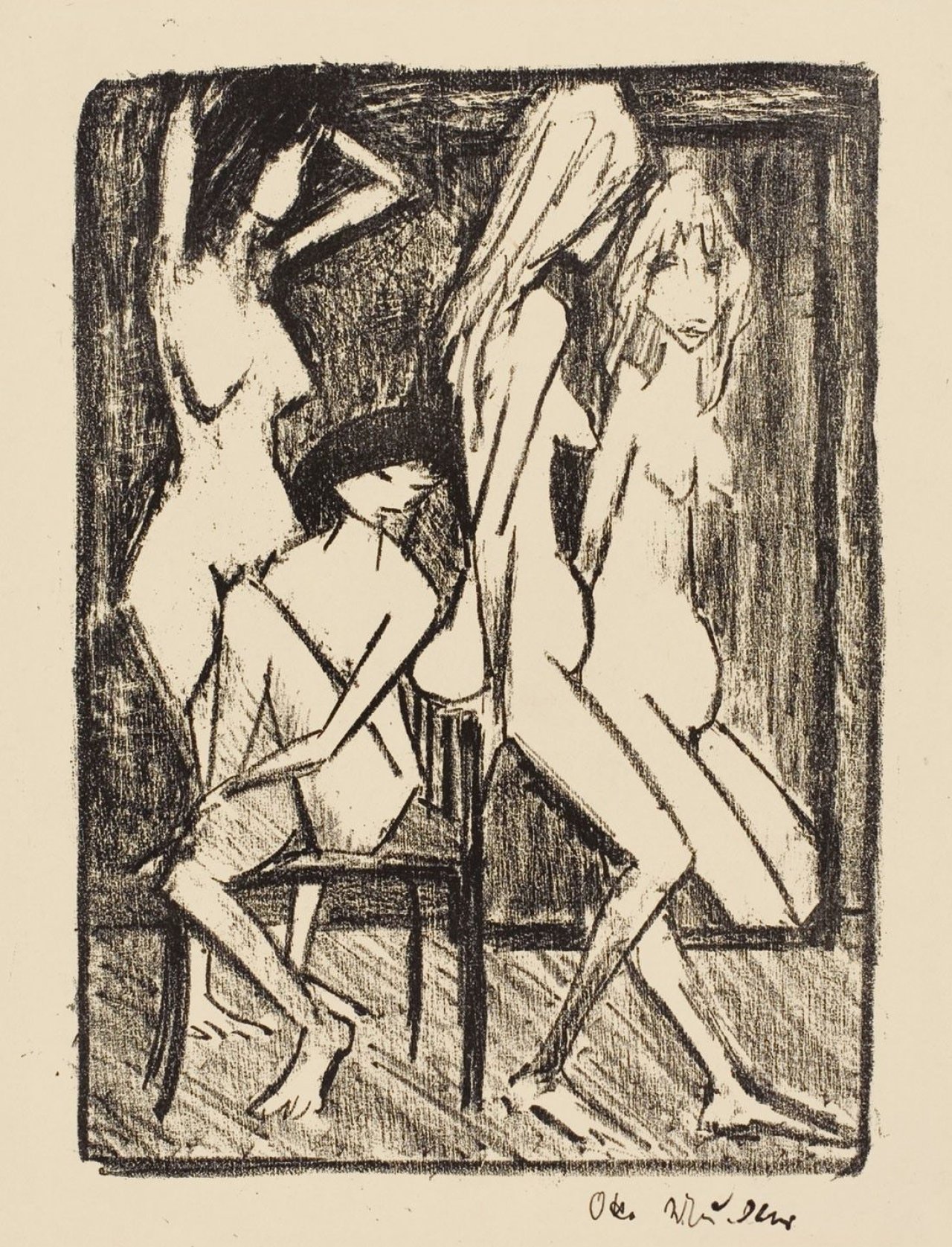 Auf diesem Bild ist das folgende Kunstwerk zu sehen: Otto Mueller. „Drei Mädchen vor dem Spiegel“. Um 1922.