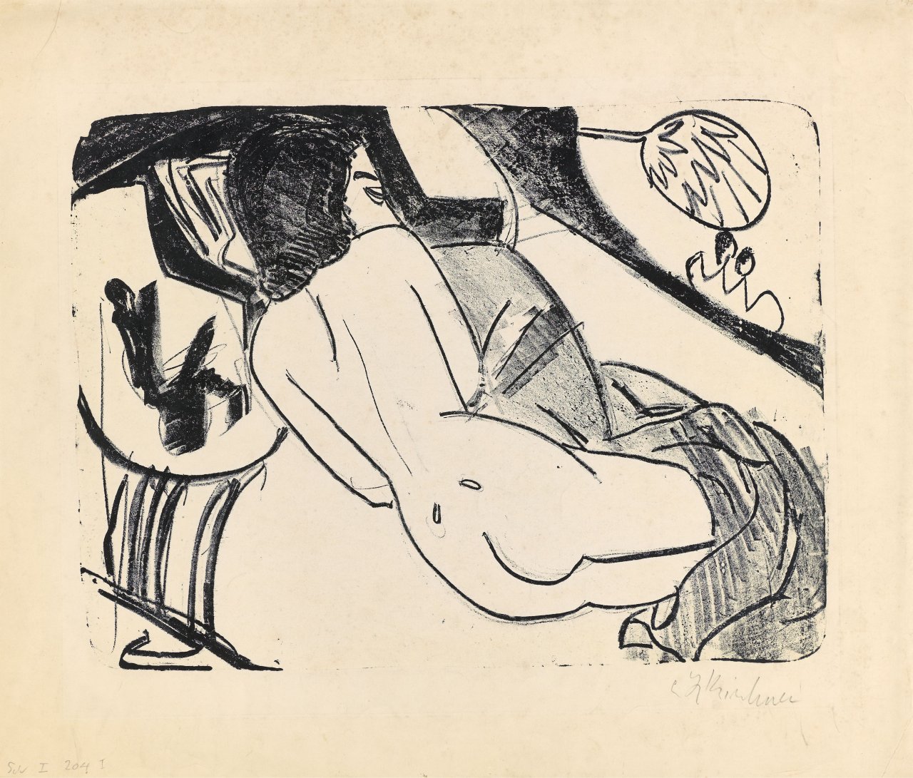 Auf diesem Bild ist das folgende Kunstwerk zu sehen: Ernst Ludwig Kirchner. „Rückenakt, liegend“. 1911.