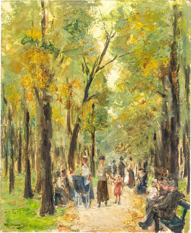 Auf diesem Bild ist das folgende Kunstwerk zu sehen: Max Liebermann. „Spaziergänger im Berliner Tiergarten“. 1923.