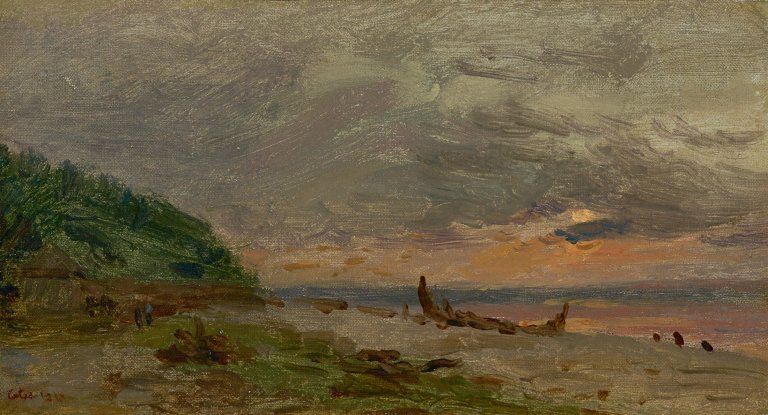 Auf diesem Bild ist das folgende Kunstwerk zu sehen: Adolphe Felix Cals. Bootswrack am Strand bei Sonnenuntergang.