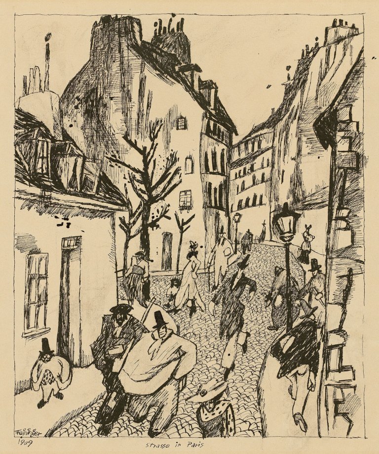 Auf diesem Bild ist das folgende Kunstwerk zu sehen: Lyonel Feininger. „Strasse in Paris“. 1909.