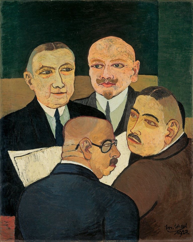 Auf diesem Bild ist das folgende Kunstwerk zu sehen: Josef Scharl. „Konferenz/ Die Gruppe“. 1927.