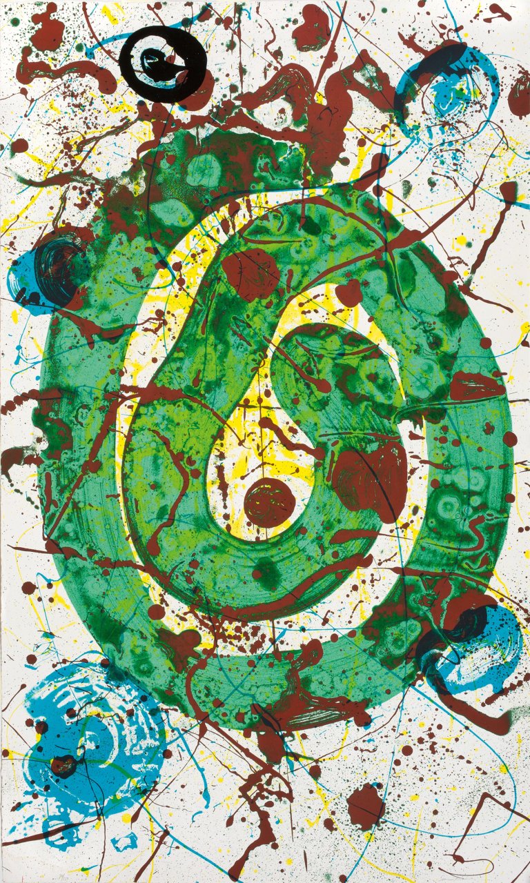 Auf diesem Bild ist das folgende Kunstwerk zu sehen: Sam Francis. „For the blue sons of the air“. 1990.