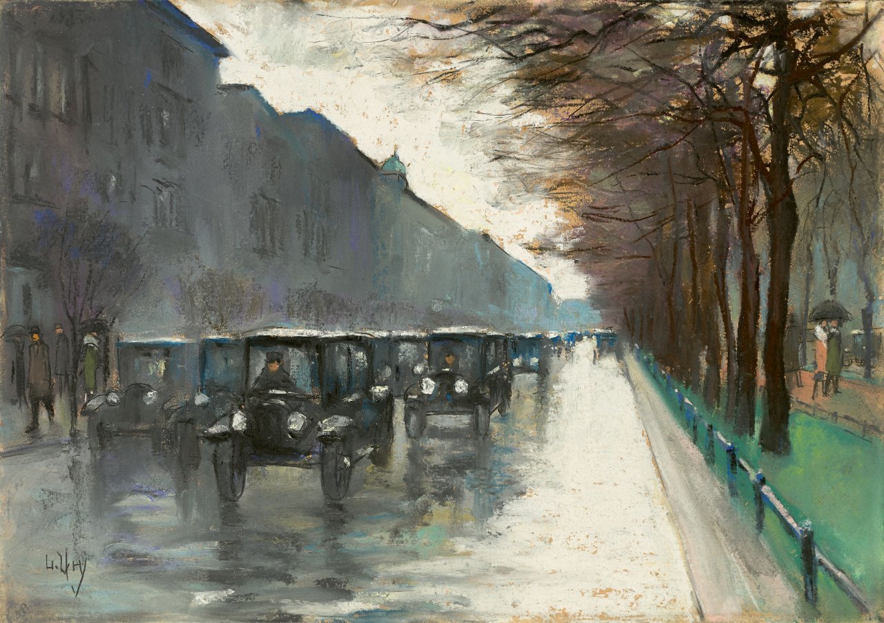 Auf diesem Bild ist das folgende Kunstwerk zu sehen: Lesser Ury. „Unter den Linden mit Droschken im Regen“. 1920er-Jahre.