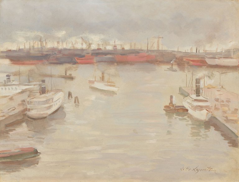 Auf diesem Bild ist das folgende Kunstwerk zu sehen: Lotte Laserstein. „Im Hafen in Göteborg“. Um 1942.
