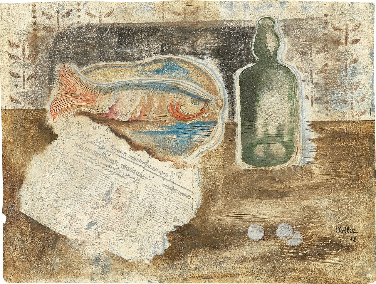 Auf diesem Bild ist das folgende Kunstwerk zu sehen: Jankel Adler. Stillleben mit Fisch, Flasche und Zeitung. 1928.